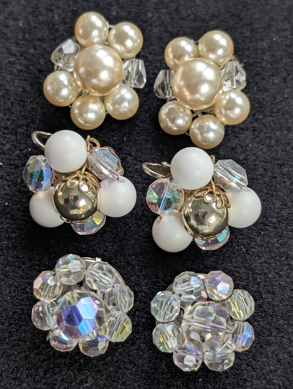 Vintage White & Pearl Cluster Clip-On Earrings Lot Of 3, Japan